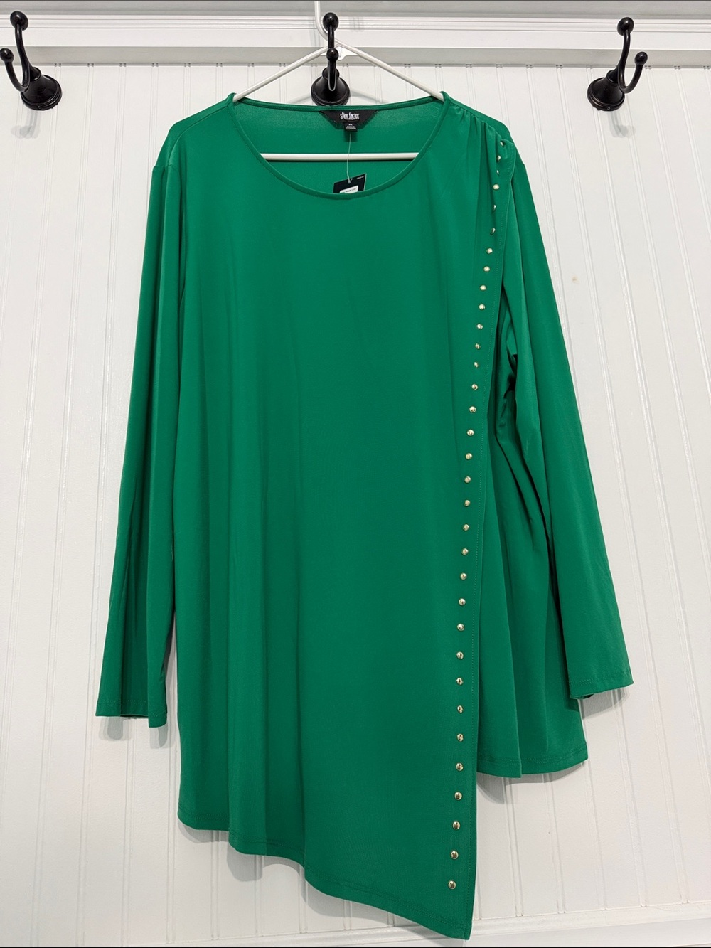 Slim Factor by INVESTMENTS Green Asymmetric Stud-Trim Tunic EASYCARE Nwt